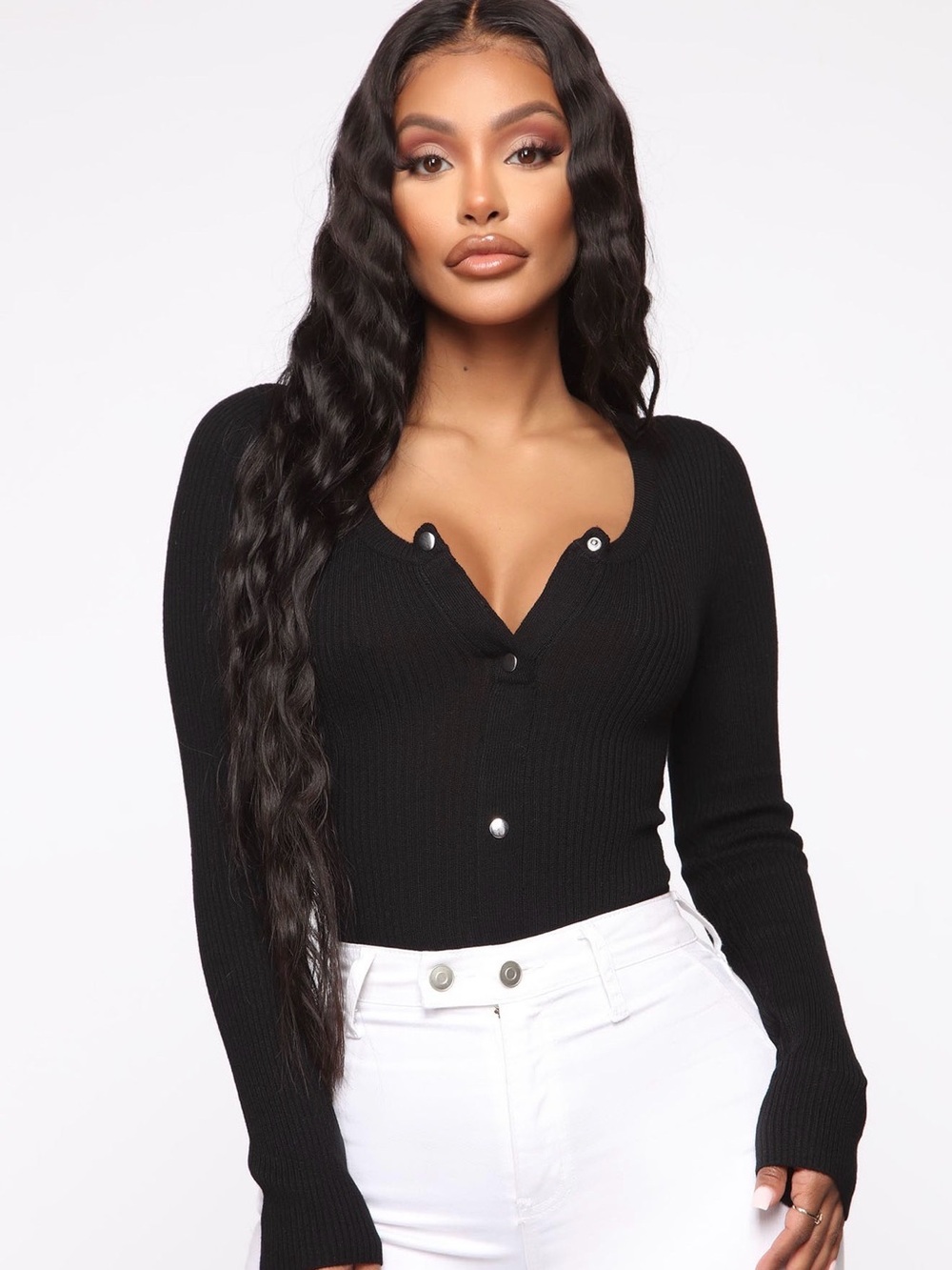 Long Sleeve Black Ribbed Henley Top - Women's